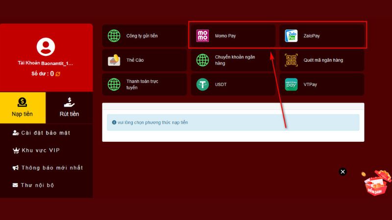 Nạp tiền bằng Momo hoặc ZaloPay